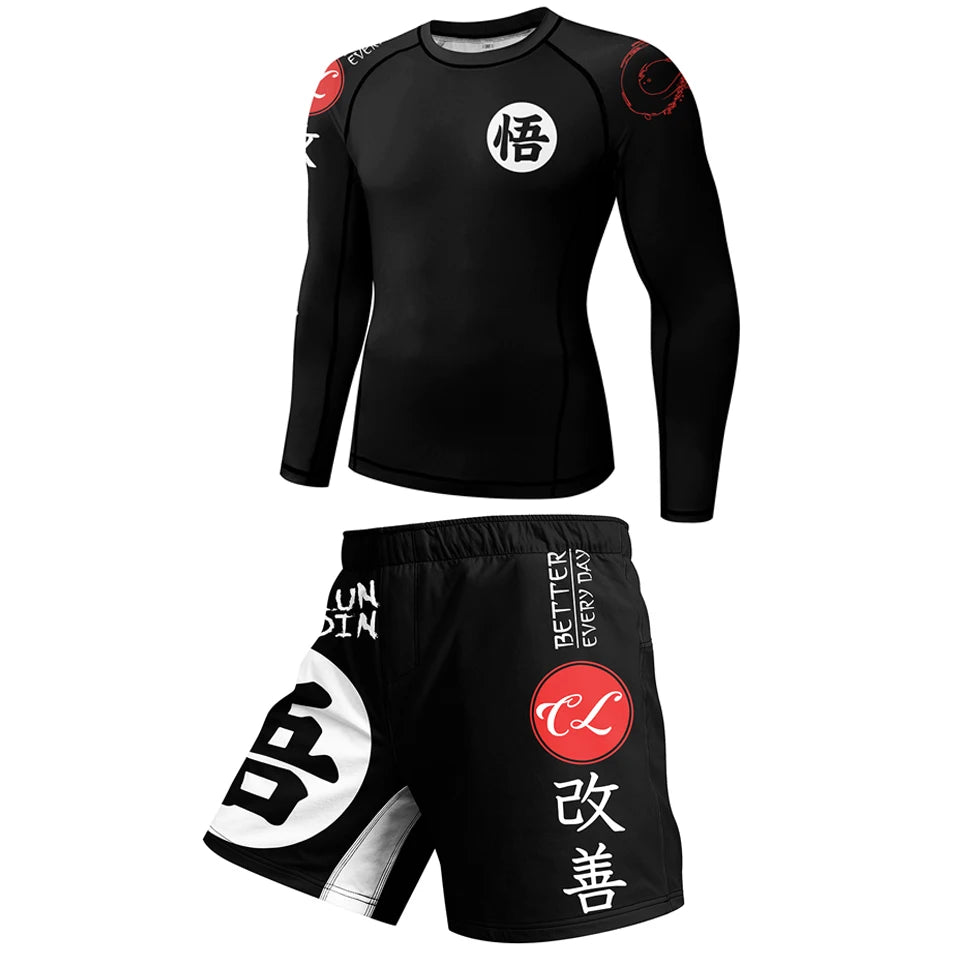 New Rashguard Jiu Jitsu For Men MMA T-shirt +Pant 4PCS/Set Brazilian Grappling Bjj Boxing Sport Compression Clothings MMA Shorts