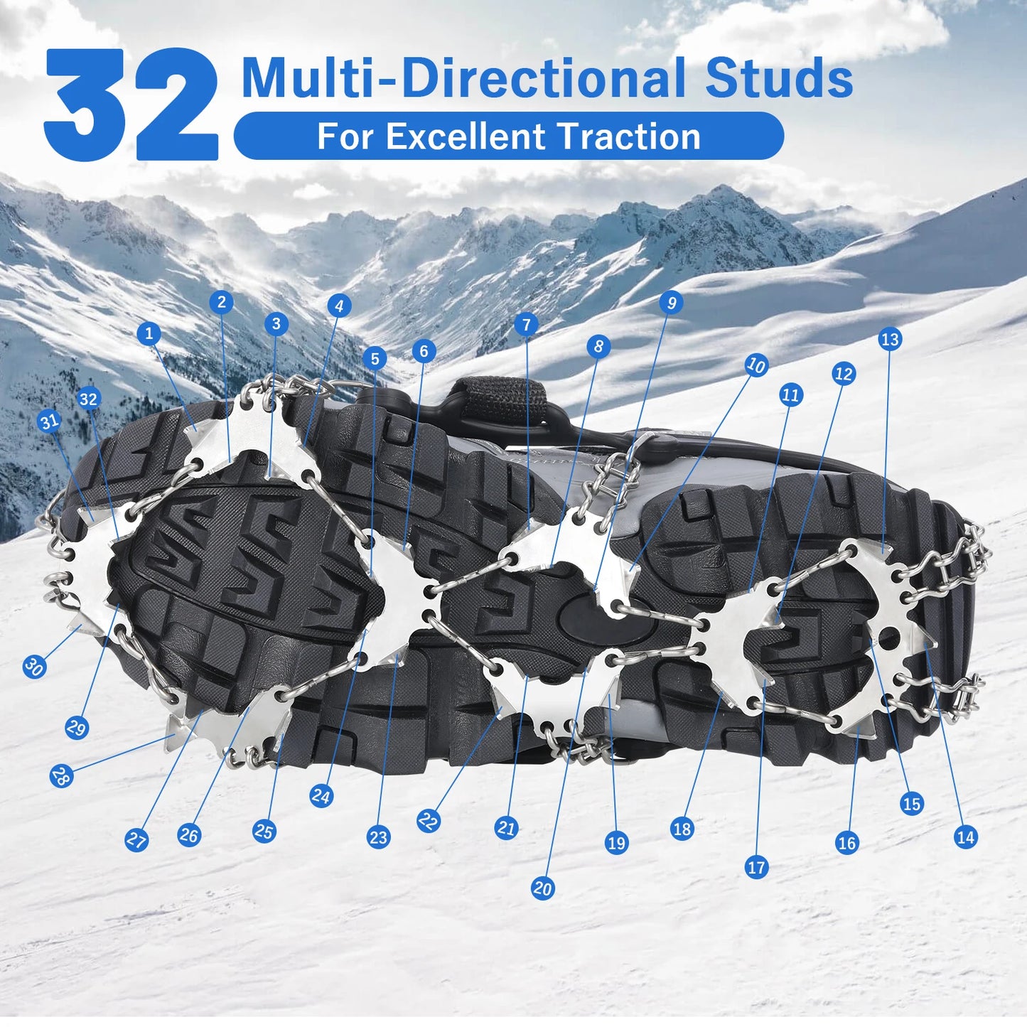 32 Teeth Ice Gripper Spike for Shoes Anti Slip Hiking Climbing Snow Spikes Crampons Cleats Chain Claws Grips Boots Cover