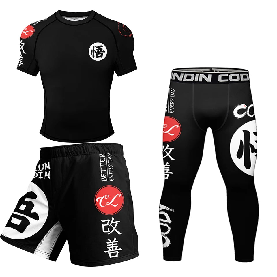New Rashguard Jiu Jitsu For Men MMA T-shirt +Pant 4PCS/Set Brazilian Grappling Bjj Boxing Sport Compression Clothings MMA Shorts