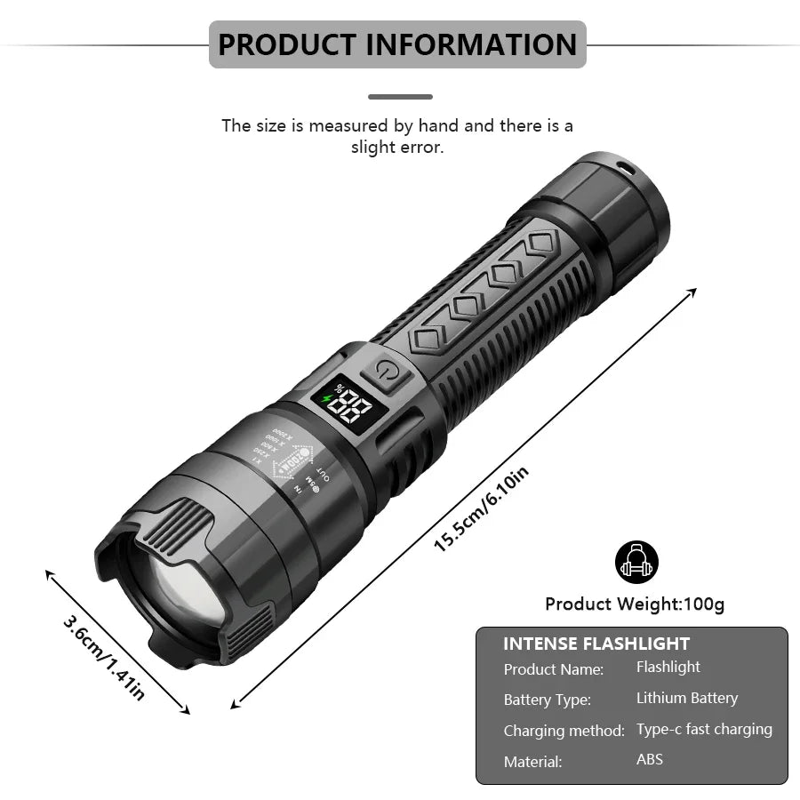 High Power 2000LM LED Flashlight Built-in Battery USB Rechargeable Strong Light Tactical Torch Outdoor Camping Hiking Lantern