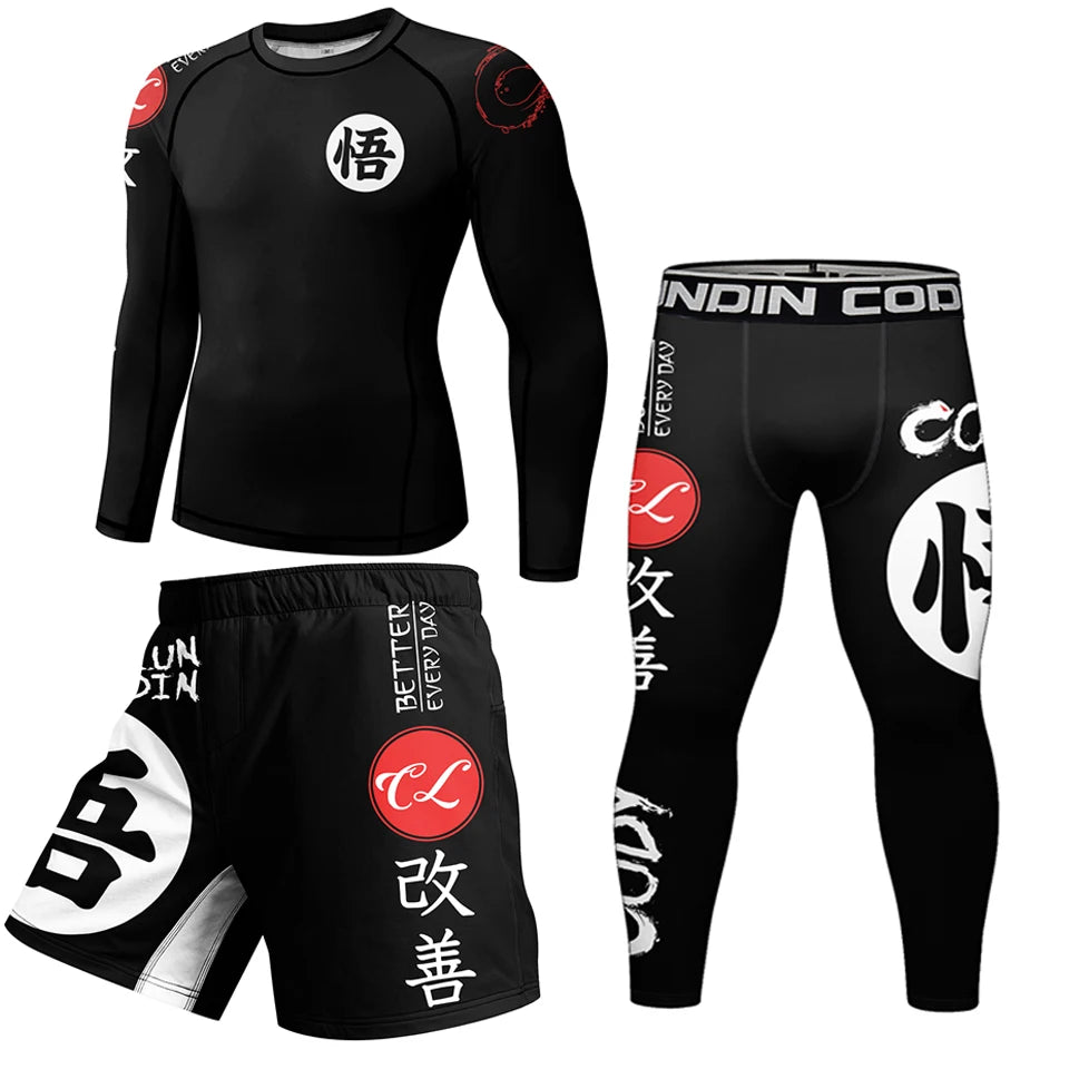 New Rashguard Jiu Jitsu For Men MMA T-shirt +Pant 4PCS/Set Brazilian Grappling Bjj Boxing Sport Compression Clothings MMA Shorts