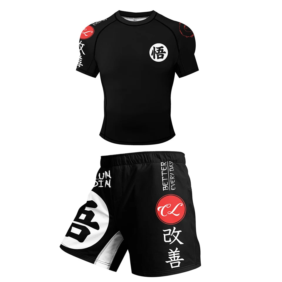 New Rashguard Jiu Jitsu For Men MMA T-shirt +Pant 4PCS/Set Brazilian Grappling Bjj Boxing Sport Compression Clothings MMA Shorts