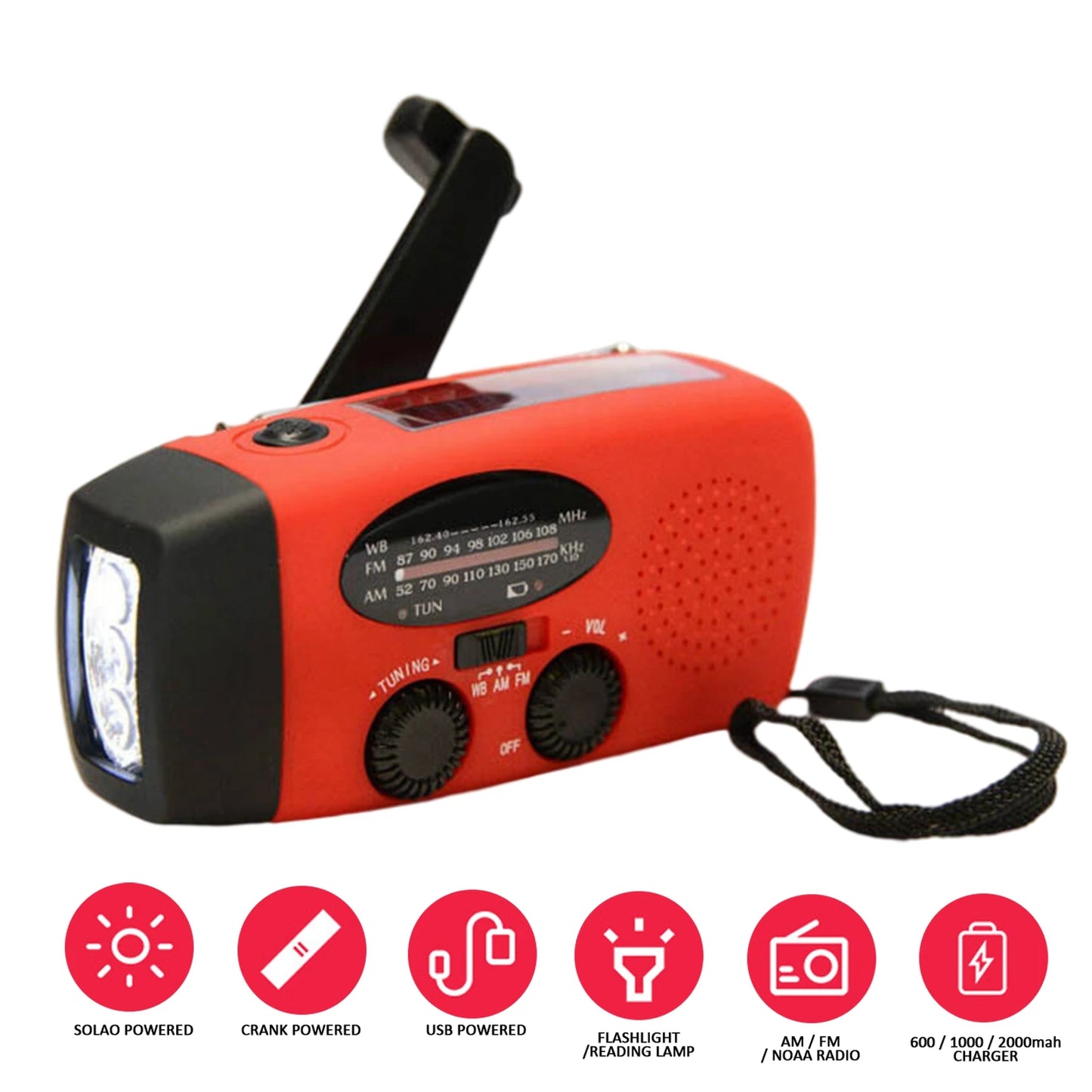 Multifunctional Solar Hand Crank Radio FM AM WB NOAA Weather Radio 2000mAh USB Charging Emergency LED Flashlight Power Ban